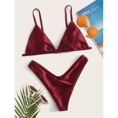 China Burgundy Breathable Classic Elegant Bottom Triangle Swimwear Girls Swimsuit V Bikini Design Top Beach Wear for sale