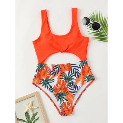 China Breathable Custom Cut Red Color Girl Bikini Red Color Sexy One Piece Swimsuit Tropical Plant Print Swimwear Beach Wear for sale