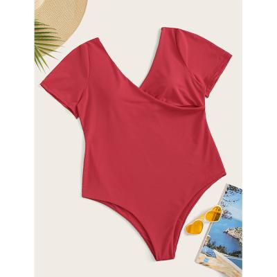 China Plus Size Customized New Products Short Sleeve One Piece Sizing V-Neckline Red Color Bikini Set Inclusive Plus Size Swimsuit Supplier for sale