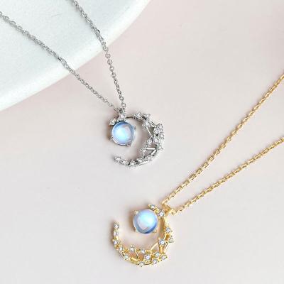 China CLASSIC 925 Sterling Silver Necklace Temperament Star Moon Pendant Moonstone Necklace Jewelry Korean Women for sale