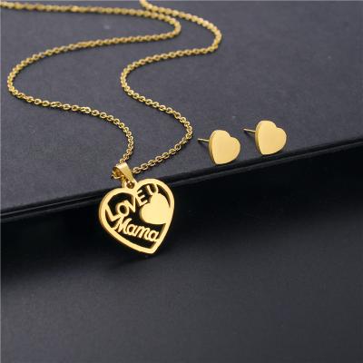 China Ethnic Mom Letter Necklace Fashion Stainless Steel Earrings Set Flower Heart Kids Shape Hollow Mom Necklace Set For Mother Gifts for sale