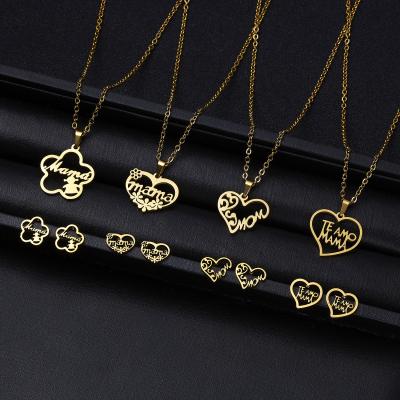 China Ethnic Mom Letter Necklace Fashion Stainless Steel Earrings Set Flower Heart Kids Shape Hollow Mom Necklace Set For Mother Gifts for sale