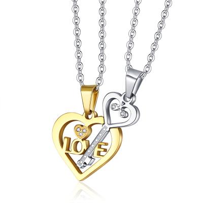 China 2Pcs/Set Fashion Classic Ethnic Love Key Couple Necklace Men And Women Pair Fashion Stitching Stainless Steel Pendant Jewelry for sale