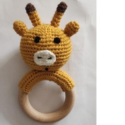 China Handmade Baby Shape Wooden Ring Weave Knitting Animal Teether Toy With Ring Bell for sale