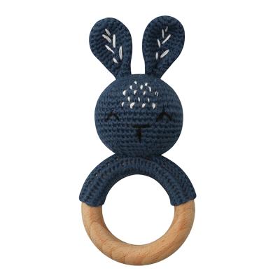 China Handmade Baby Rabbit Shape Wooden Ring Weave Knitting Animal Teether Toy With Ring Bell Unicorn for sale