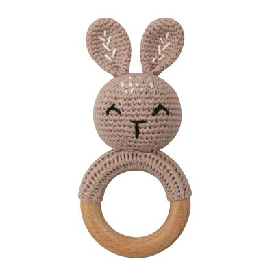 China Handmade Baby Rabbit Shape Wooden Ring Weave Knitting Animal Teether Toy With Ring Bell Unicorn for sale