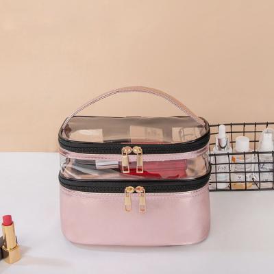 China Customized Clear Transparent Cosmetic New Product Fashionable Double Layer Bag Organizer Portable Leather Makeup Case For Travel for sale