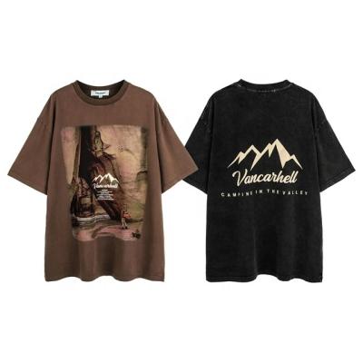 China Anti-pilling MK Hip Hop Retro New Design Mountaineering Adventure Print Men's Top Customized Summer 100% Old Washed Oversize Men's T-shirt for sale