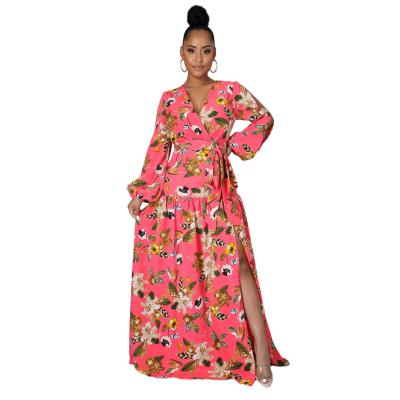 China 2021 Breathable New High Quality V-neck Tie-waist Trimming Edge Slit Long Sleeve Printing Skirt Long for sale