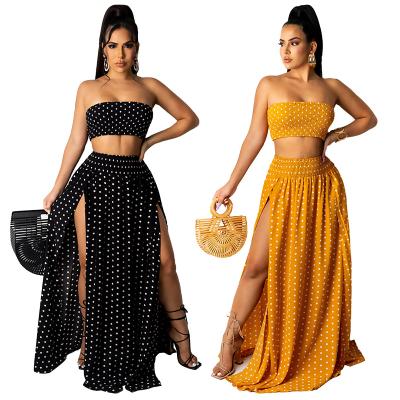 China 2021 summer QUICK DRY tube top high slit ladies casual outfits 2 piece set dresses wave point women dresses for sale