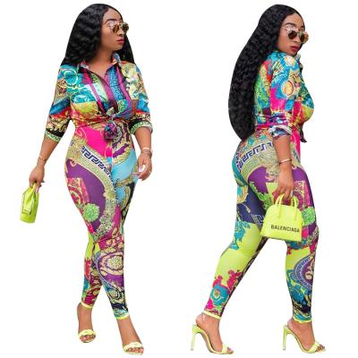 China 2021 New Fashion QUICK DRY Women's Digital Printed Casual Long Sleeve Two Piece Shirt Set With Pants for sale