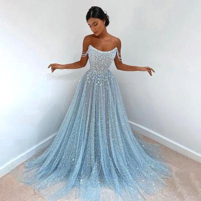 China Breathable Floral Chiffon Appliques Lace Butterfly Evening Dress Arabic Elegant Sparkle Tulle Long Featured Blue Prom Dress For Women for sale