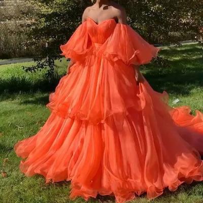 China Breathable Fashionable Sexy Strapless Cake Topper Evening Ball Gowns Orange Tutu Prom Dresses With Puff Sleeves Off The Shoulder Vestido Formatura for sale