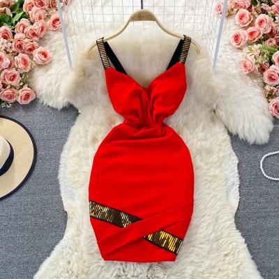 China 2022 Bodycon Mini Dress Anti-Static Black Red V-Neck Spaghetti Strap Formal Sparkle Party Dress Nightclub Outfits For Sexy Women for sale