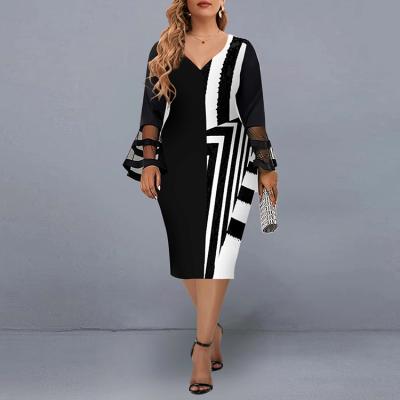 China Long Sleeve Xl-5XL Layer Print Plus Size Dresses Party Dress Geometric Elegant Women Viable Ropa De Mujer Vestido De Talla Big Size Dresses for sale