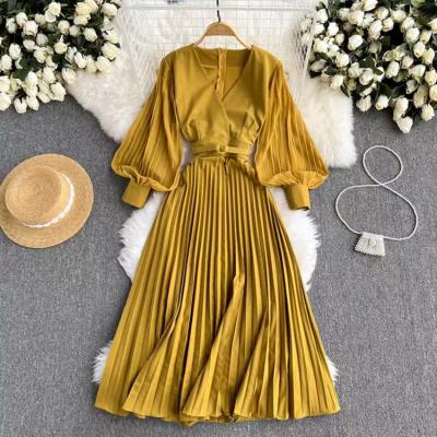 China Viable Wholesale Elegant V-Neck Lace Up Dress Waist Ordered Slim Long Sleeve Pleated Dress Vintage Fashion Long Dress for sale