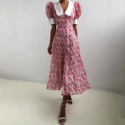 China 2022 New Arrivals Washable Vestidos Largos Print Short Puff Sleeves Button Long Maxi Dresses Summer Elegant Floral Casual Chiffon Dress for sale