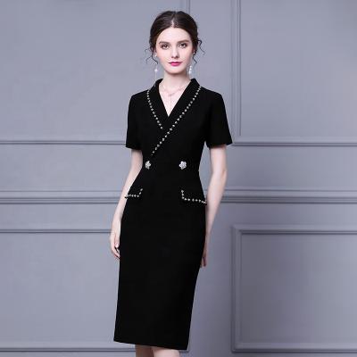 China New Design Anti-Static Custom Slimming Cotton Three Quarter Sleeve Retro V-Neck Lady Fashion Black Casual Dress for sale