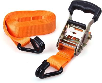 China Polyester 1.5inch Ratchet Straps With Wide Padded Handle And Rubber Hook Down Ratchet Link Strap For Cargo Lashing for sale