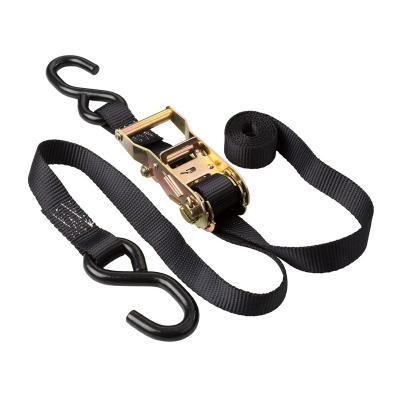 China Black Polyester Ratchet Tie Down 25mm 600kg S Hook Pickup Kayak Ratchet Straps for sale