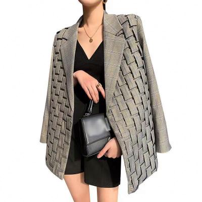 China Anti-Wrinkle Migu Garment Notched Fashionable Ladies Long Sleeve Ruched Blazers Loose V-Neck Jacket And Coat for sale