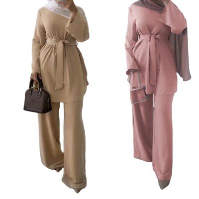 China Modest Fashion Islamic Clothing Women Soft Crepe Casual Blouse and Pants Suit with Tie for sale