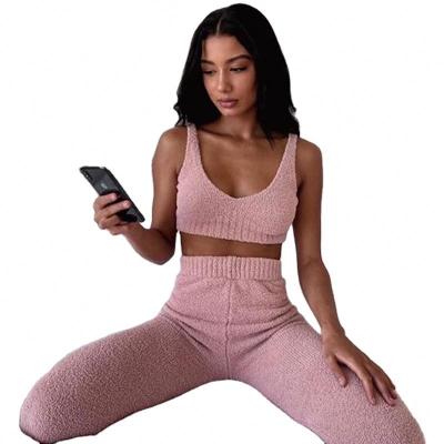 China QUICK DRY High Quantity Soft Set Faux Fur Two Piece Womens Sleepwear Suits Warm Fluffy Womens Pajamas Pants Vest for sale