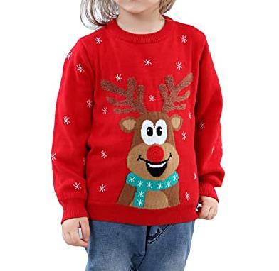 China New Cute Plush Bobo Ball Elk Printing Anti-Shrink Red Homewear Child Christmas Sweater for sale