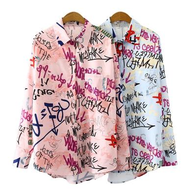 China Breathable 6colors Graffiti Letter Print Shirts Women Blouses Fashion Streetwear Turn Down Collar Long Sleeve Loose Shirt Blusas Mujer for sale