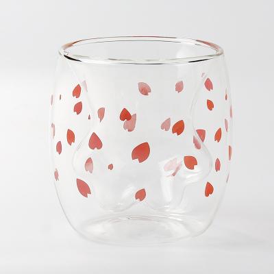 China Hot Sale Cherry Blossom Pattern Breakfast Dessert Cup Cartoon Cat Claw Cup Double Borosilicate Glass for sale