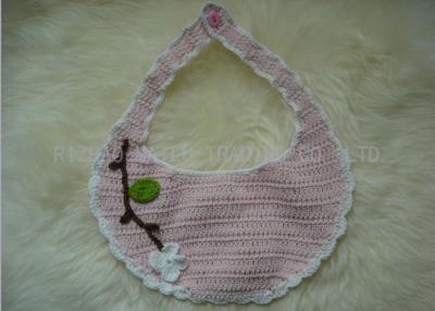 China Handmade Crochet Baby Items / White Flowers Pink Knitted Baby Bibs With Leaves for sale