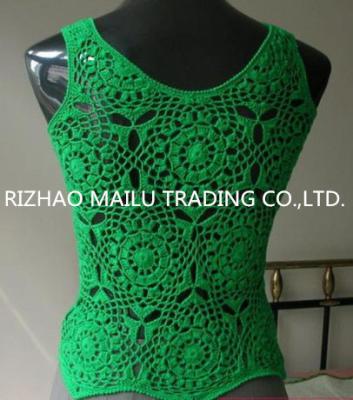 China Cotton Handmade Crochet Dress / Sleeveless Green Womens Crochet Vest For Spring for sale