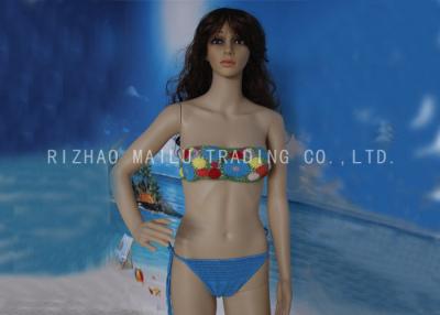 China Sea Blue floral top Knitted Swimwear String Waist with red beads Washable Handmade Crochet Bikini for sale