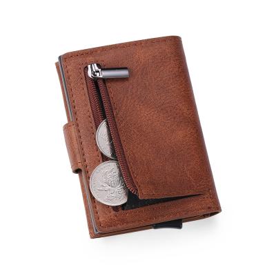 China NATIONAL RFID Blocking Function PU Leather Automatic Noise Up Credit Card Holder Wallet With Metal Card Box for sale