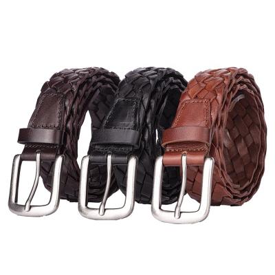 China Casual Pin Buckle Leather Braided Belt For Men's Jeans With Solid Strap Single Crotch Buckle for sale