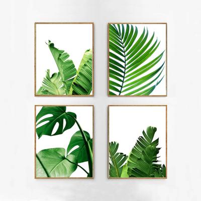 China Nodric Style Leaf Portable Fabric Printed Plant Rain Forest Solid Wood Frame Wood Poster Hanger For Wall Art Decoration for sale