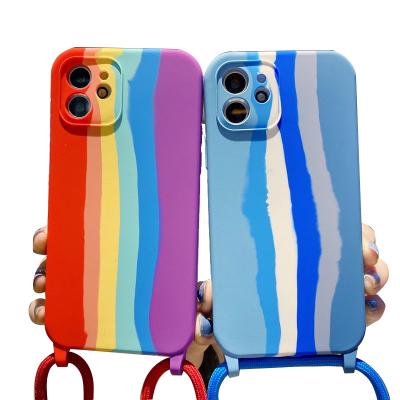 China New Shockproof Rainbow Stripe Liquid Silicon Case For iPhone 12 Mobile Phone Case 11pro Band Creative Arming String for sale