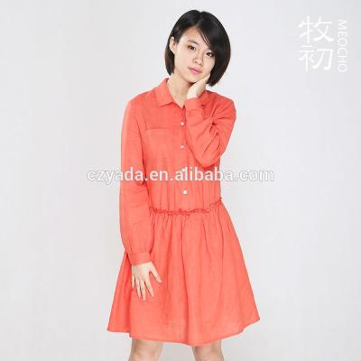 China 2015 Mujeres Manga corta Plegados naranjas Vestido casual de lino con cuello de camisa en venta