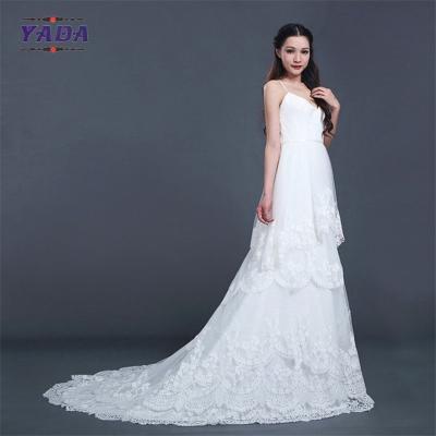 China Spaghetti-Gürtel sexy niedrig zurück 5 Schichten Winkeln Spitzenmuster Kleid Ballkleid Brautkleider Hochzeit zu verkaufen