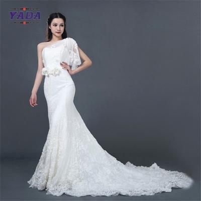 China Neue Ankunft reine weiße Spitze Hand Rose Applikationen Perlen Bodenlänge ab Schulter Meerjungfrau Hochzeitskleid Brautkleid zu verkaufen