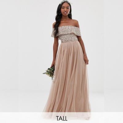 China Große Brautjungfer bardot maxi Tulle-Kleid mit tonalen feinen Pailletten in taupe Blush zu verkaufen