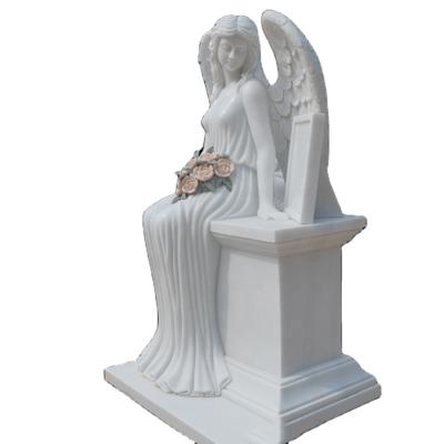 China New Europe Style Hand Carved Angel Hugging Heart Upright White Marble Headstone Statue Tombstone Monument for sale