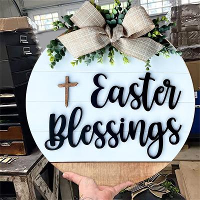 China Easter Decoration Hello Sign Wooden Farmhouse Summer Decor Wall Sign Decorative Wood Home Decoration Wreath Sign for sale