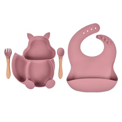 China BPA Free Animal Shape Strong Suction Silicone Dish Spoon Fork Bib Set Bib Baby Silicone Feeding Tableware for sale