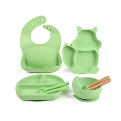 China Free Logo BPA Low MOQ Laser Combo with Bib Baby Bib Bowl Set Dishes Spoon and Fork BabyTableware Feeding Set for sale