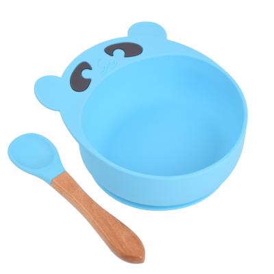 China BPA Free Toddler 2 Pieces Food Feeding Silicone Set With Wooden Spoon Babi Sensory Stay Set Suction Bowl for sale