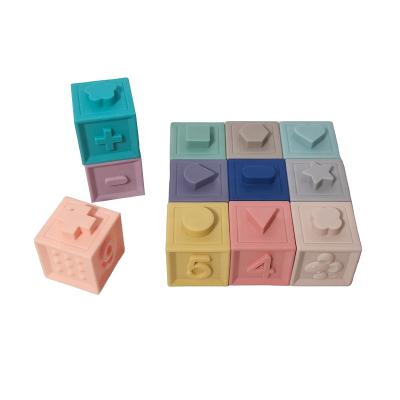 China Eco-friendly Material Building Block Sets 10pcs Gift Box 3D Soft Silicone Rubber Stacking Toy Baby Teether Kids Educational Toys for sale