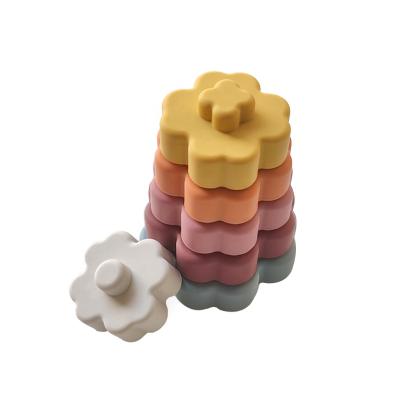 China Expand Kids intelligence food grade silicon gel silicon gel baby building block toy baby silicone star rainbow flower stacking toy for sale