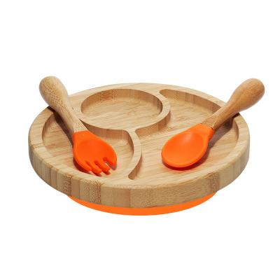 China Bamboo Baby Dish Set BPA Free Silicone Kids Dishes Spoon Fork Set Baby Gift Bamboo Dish Set for sale