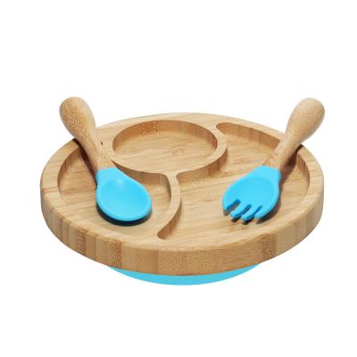 China BPA Free Silicone Spoon and Fork Handles Tray Set Bamboo Baby Dish Suction for sale